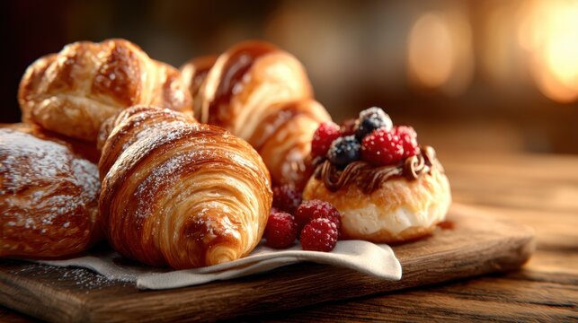 A tempting array of freshly baked pastries including croissants and berries lays on a rustic wooden board, inviting all to indulge in the sweet pleasures of gourmet cuisine. - Powered by Adobe