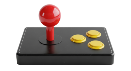 Classic arcade machine joystick with red handle and yellow buttons isolated on white background