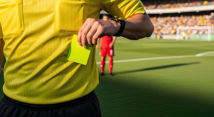 A soccer referee in a yellow shirt holds up a yellow card on the field during a game.