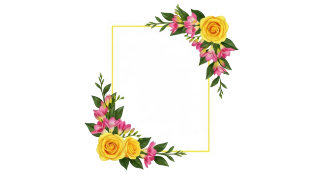 Isolated floral frame with yellow roses and pink freesia for wedding invitation card