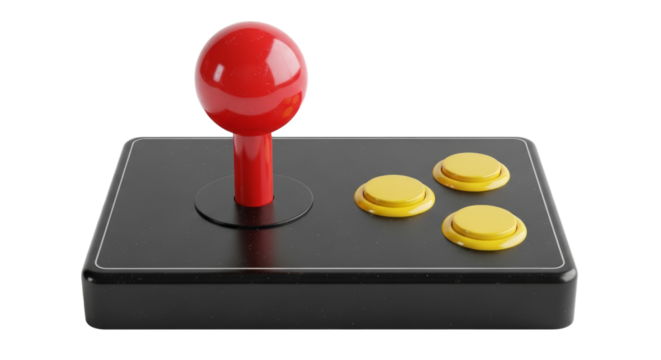Classic arcade machine joystick with red handle and yellow buttons isolated on white background