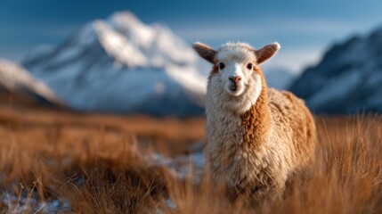 A charming image captures a fluffy lamb graze peacefully in a scenic mountain meadow, representing innocence and harmony in nature, surrounded by breathtaking landscapes.