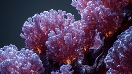 A stunning macro view of glowing, amorphous purple and red coral-like structures or an extraterrestrial organism, thriving in a dark, mysterious environment