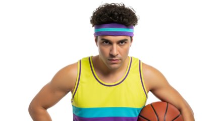 Man wearing 80s style headband and sports outfit holding basketball against a plain white backdrop