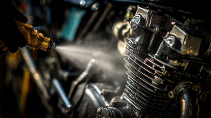 A man is spraying water on a motorcycle engine