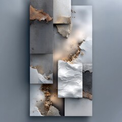 Architectural design featuring abstract structures and natural elements in a serene indoor setting during daytime