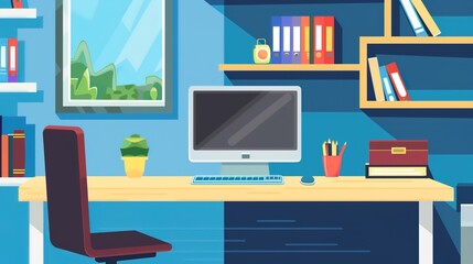 Simple Office Background Design Images, presenting neat desks, floor plants, transparent glass windows, minimalist meeting areas and other elements with a simple visual style. Covering fresh tones