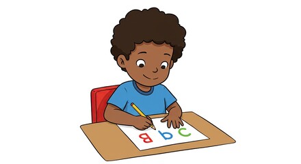 Young Black Boy Learning to Write the Alphabet ABCs at a Desk.
