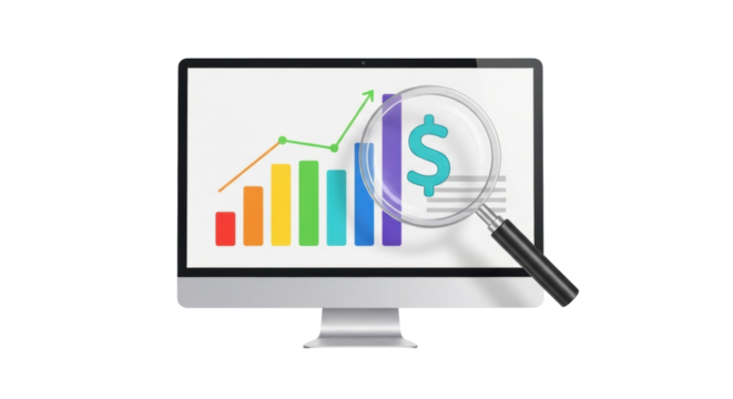 Isolated computer monitor with money market chart and magnifying glass visual screen