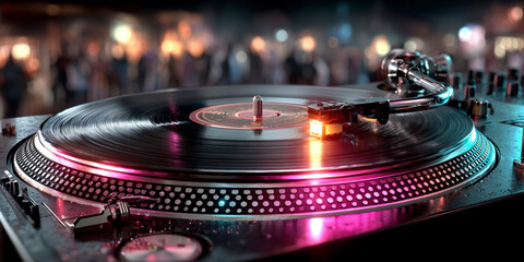 Vibrant turntable spins classic records at nighttime music event, creating an electric atmosphere for all attendees
