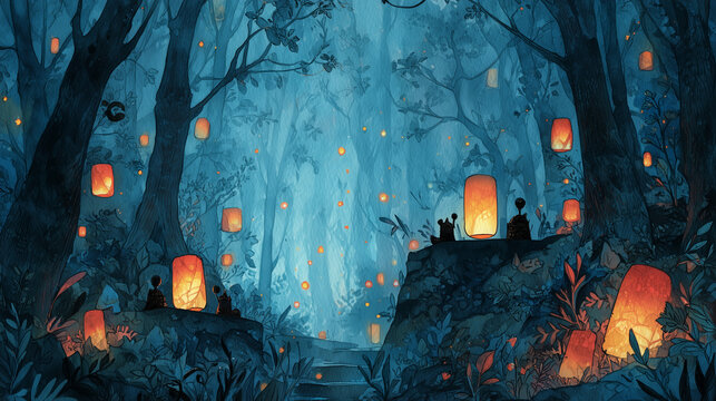 Watercolor enchanted forest with glowing lanterns and shadowy creatures hiding