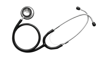 A black stethoscope isolated on transparent background, a medical instrument used for listening to internal sounds of the human body, health concept