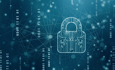 Closed Padlock on digital Circuit background, Technology security concept. Modern safety digital background. Lock Protection system, Cyber Security and information or network protection
