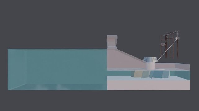 An animation explain how hydroelectric power plants work and produce electricity