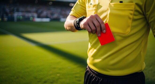 Referee pulls a red card from his pocket during a soccer match on a bright, green field.