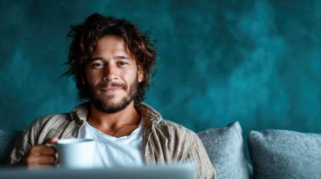 A relaxed man sitting comfortably on a couch, sipping coffee while working on his laptop, exuding a sense of tranquility and modern lifestyle.