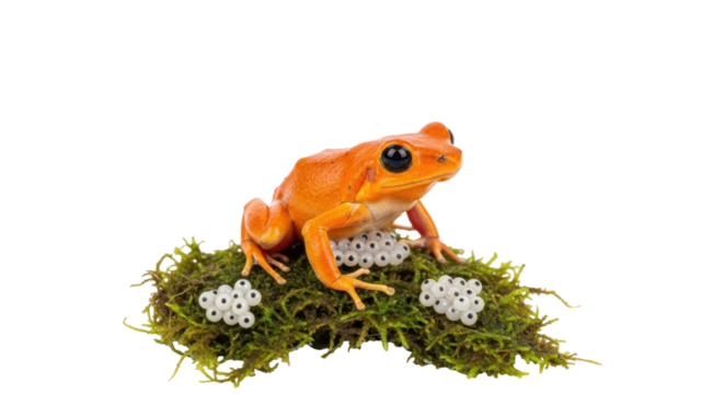 Isolated Orange Tree Frog guarding clutch of eggs on mossy base, close up view nature, wildlife
