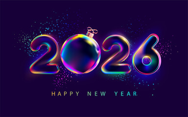 New year and christmas 2026. Bright glass numbers on dark background. Night lettering design.