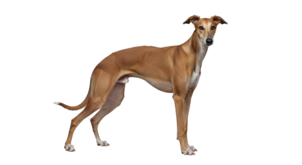 Isolated, healthy Galgo Espanol dog standing relaxed, looking forward attentively outdoors