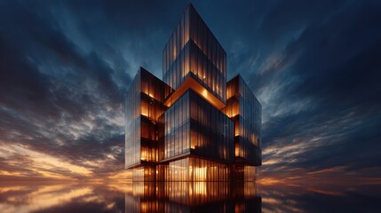 An eye-catching image of a modern architectural masterpiece, reflecting vibrant sunset colors that enhance its structure and create an awe-inspiring atmosphere.