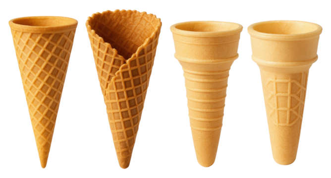 Assortment of Four Empty Golden Waffle Ice Cream Cones on a Black Background waffle cone empty cone isolated on a transparent background