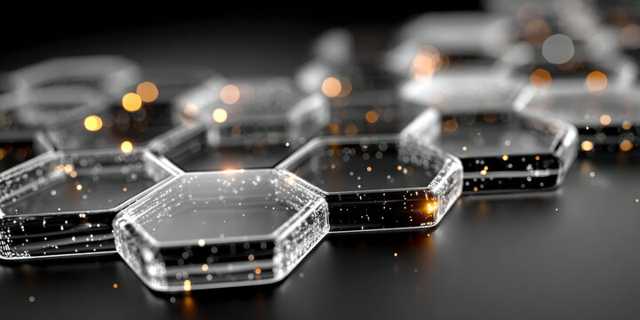 Intricate hexagonal shapes with glowing particles create a mysterious and modern visual effect