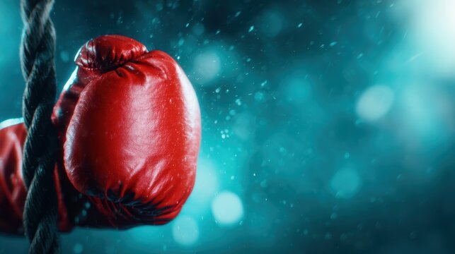 A striking image of red boxing gloves hanging on a rope against a blurred background, symbolizing determination, strength, and the passion for combat sports.
