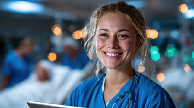 This image showcases a smiling nurse in scrubs engaging with patients, symbolizing compassionate healthcare and the dedication of medical professionals in a hospital setting.