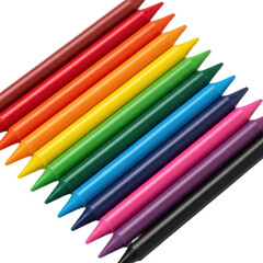 Fototapeta premium A diagonal row of new colorful wax crayons arranged in a vibrant rainbow spectrum.