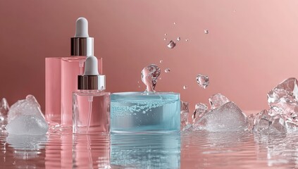 Serums and cream amid ice and water droplets on pink