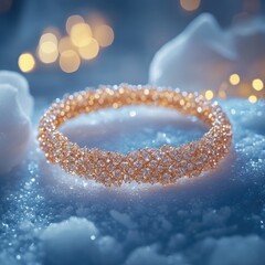 Gold gemstone bracelet sparkles on snowy, soft, bokeh background