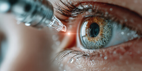 Close-up view of an eye receiving an eye drop treatment in a clinical setting