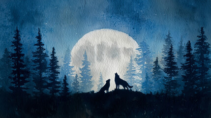 Watercolor Full Moon Over Dark
