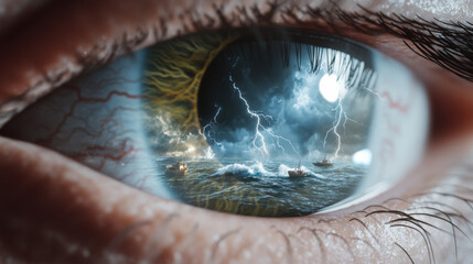 Closeup human eye reflecting ocean storm with boats and lightning, conceptual theme