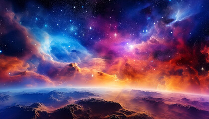 Fototapeta premium Colorful Cosmic Nebula Filled With Glowing Stars And Vibrant Colors In A Vast Universe