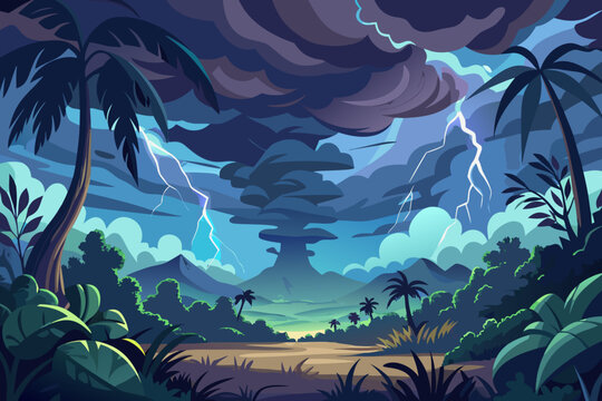 Tropical storm with lightning over lush jungle and mountains