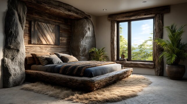 A realistic high-definition photo of a modern guest suite with ensuite bathroom.
