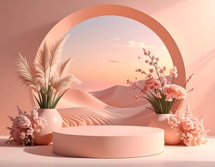 Pastel-colored display podium with desert view