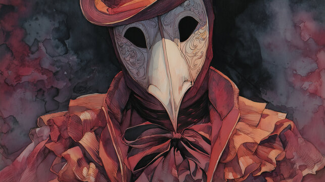 Watercolor mysterious masked figure at a haunted masquerade ball