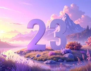 Pastel-colored landscape with 3D number 23