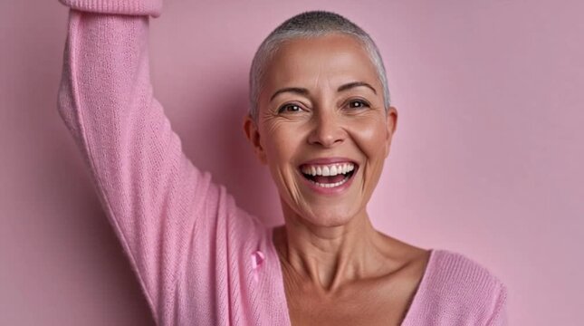 Smiling woman with cancer raises her fist in a sign of strength