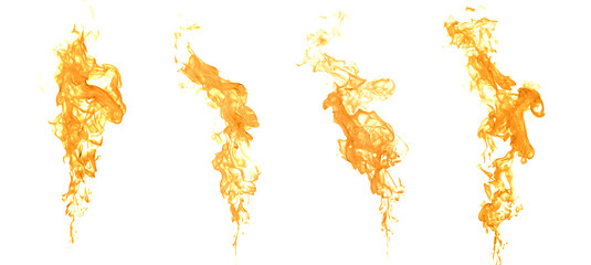 Vertical fire flames isolated on white background, burning heat and energy effect for explosion, danger, abstract texture, ideal for digital art, motion graphics, game assets, visual effects design.