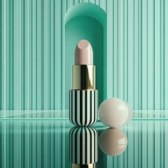 Pink lipstick atop mirrored surface, arched aqua backdrop