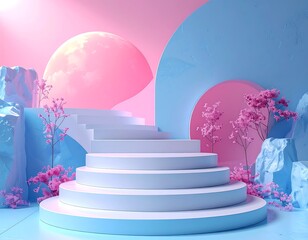 Pastel-toned, geometric podium scene with soft lighting and cherry blossoms