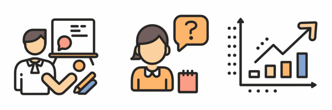 Vector icon sheet showing teacher, student, and upward trend graph – Suitable for student support, learning management, or progress tracking content