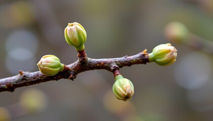two distinct stages of spring: early bloom and full blossom. on the left side, we see a branch with small buds, indicating the beginning of flowering