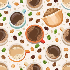 Obraz premium Seamless coffee cup pattern with hot beverage icons and steam illustrations in brown tones