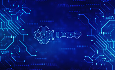 Digital key in technology background. Security or Private Key protecting data personal information. Privacy Data protection and Inter Security Concept.
