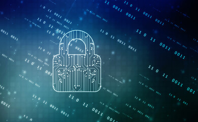 Closed Padlock on digital Circuit background, Technology security concept. Modern safety digital background. Lock Protection system, Cyber Security and information or network protection