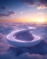 Cloudscape path around rocky peak, radiant moonset backdrop